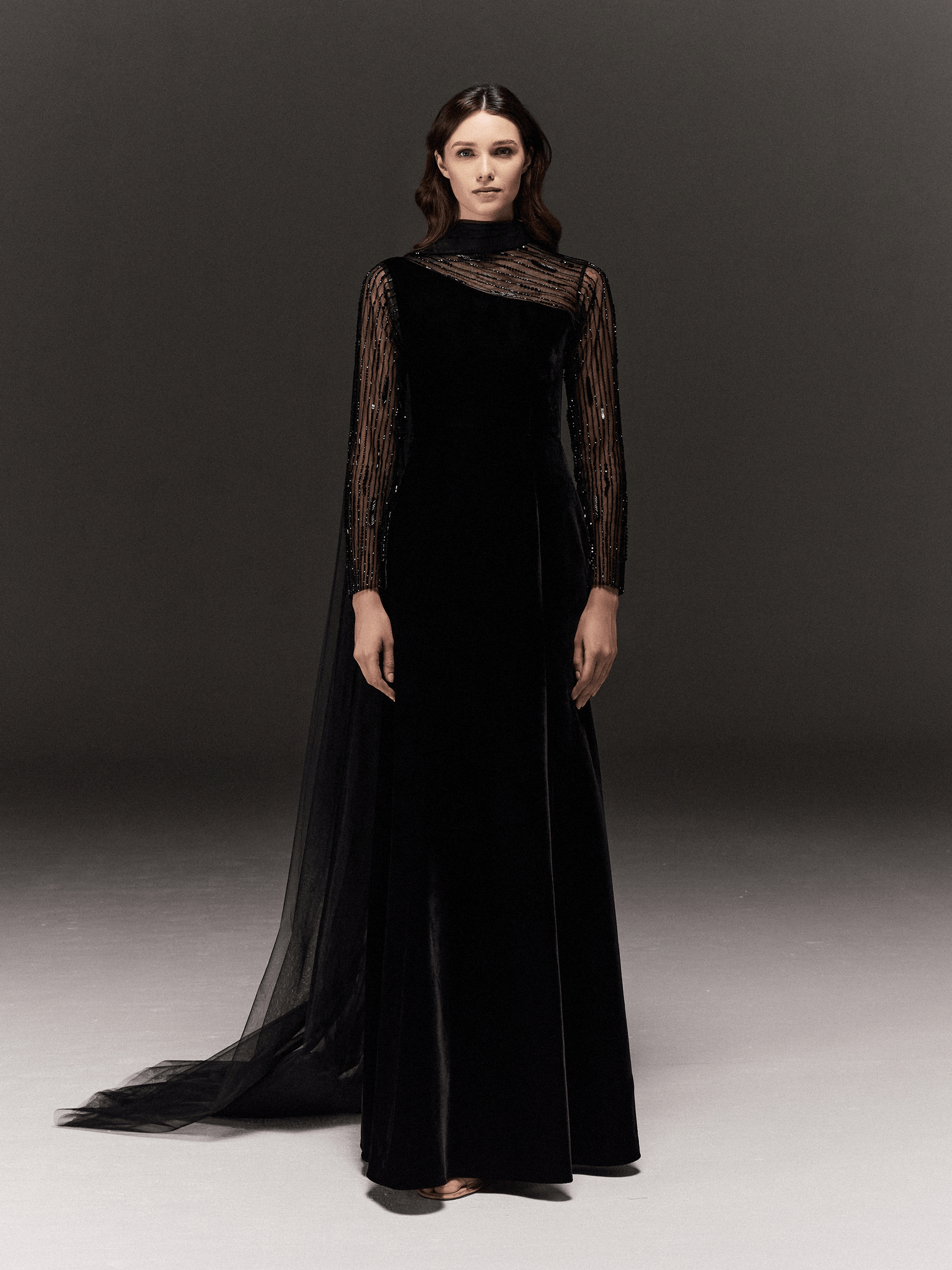 BLACK VELVET MERMAID DRESS WITH SHEER HAND EMBROIDERED SLEEVES AND TULL DRAPED NECK & TRAIL