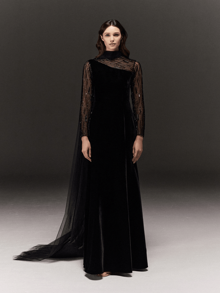 BLACK VELVET MERMAID DRESS WITH SHEER HAND EMBROIDERED SLEEVES AND TULL DRAPED NECK & TRAIL