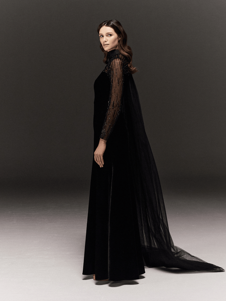 BLACK VELVET MERMAID DRESS WITH SHEER HAND EMBROIDERED SLEEVES AND TULL DRAPED NECK & TRAIL