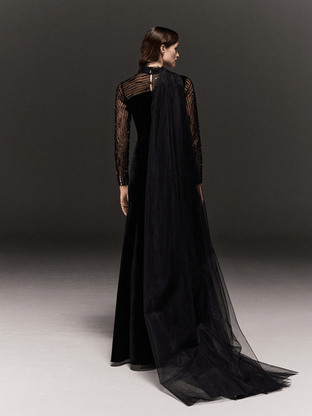BLACK VELVET MERMAID DRESS WITH SHEER HAND EMBROIDERED SLEEVES AND TULL DRAPED NECK & TRAIL