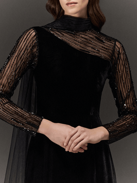 BLACK VELVET MERMAID DRESS WITH SHEER HAND EMBROIDERED SLEEVES AND TULL DRAPED NECK & TRAIL