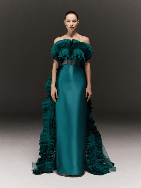 TEAL BLUE CORSET TUBE DRESS WITH TULLE RUFFLED CAPE