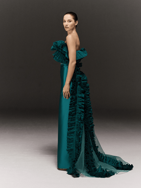 TEAL BLUE CORSET TUBE DRESS WITH TULLE RUFFLED CAPE