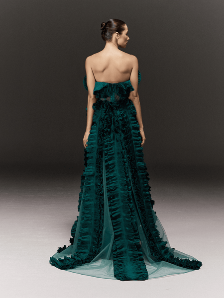 TEAL BLUE CORSET TUBE DRESS WITH TULLE RUFFLED CAPE