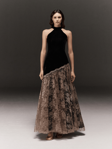 BLACK AND MAUVE HALTERNECK FLARED ASYMMETRIC DRESS