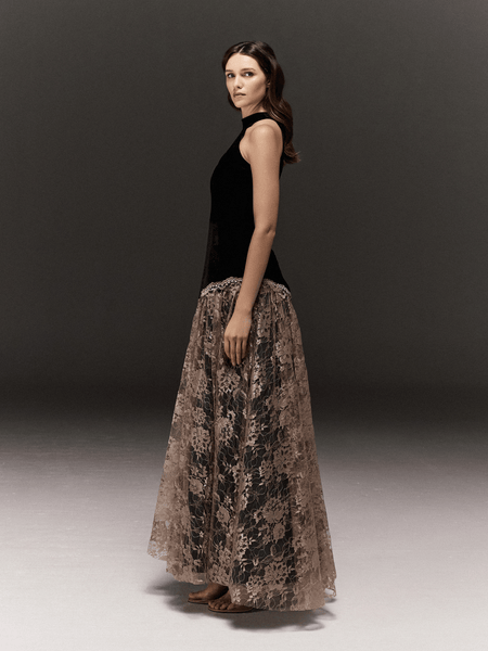 BLACK AND MAUVE HALTERNECK FLARED ASYMMETRIC DRESS