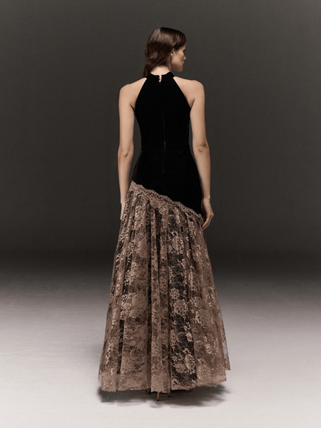 BLACK AND MAUVE HALTERNECK FLARED ASYMMETRIC DRESS