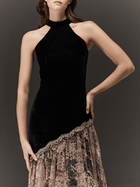 BLACK AND MAUVE HALTERNECK FLARED ASYMMETRIC DRESS