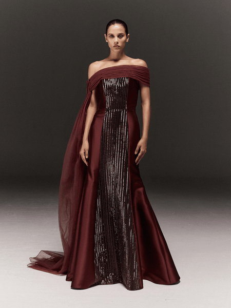 MAROON SATIN HAND EMBROIDERED OFF-SHOULDER MERMAID DRESS WITH DRAPED SHOULDER IN TULLE