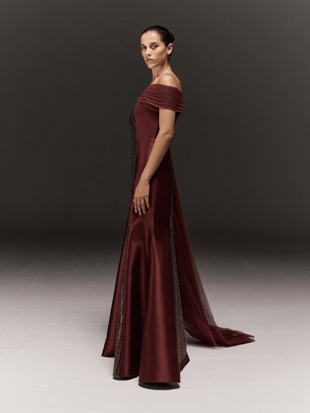 MAROON SATIN HAND EMBROIDERED OFF-SHOULDER MERMAID DRESS WITH DRAPED SHOULDER IN TULLE