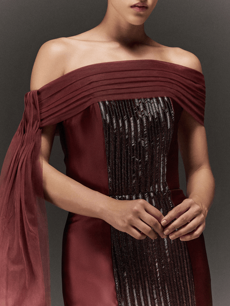 MAROON SATIN HAND EMBROIDERED OFF-SHOULDER MERMAID DRESS WITH DRAPED SHOULDER IN TULLE