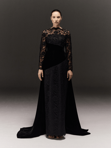 BLACK LACE AND VELVET STRAIGHT FIT DRESS WITH TRAIL