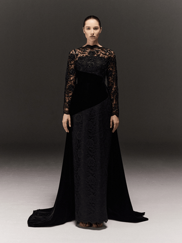 BLACK LACE AND VELVET STRAIGHT FIT DRESS WITH TRAIL