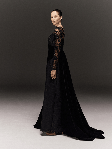 BLACK LACE AND VELVET STRAIGHT FIT DRESS WITH TRAIL