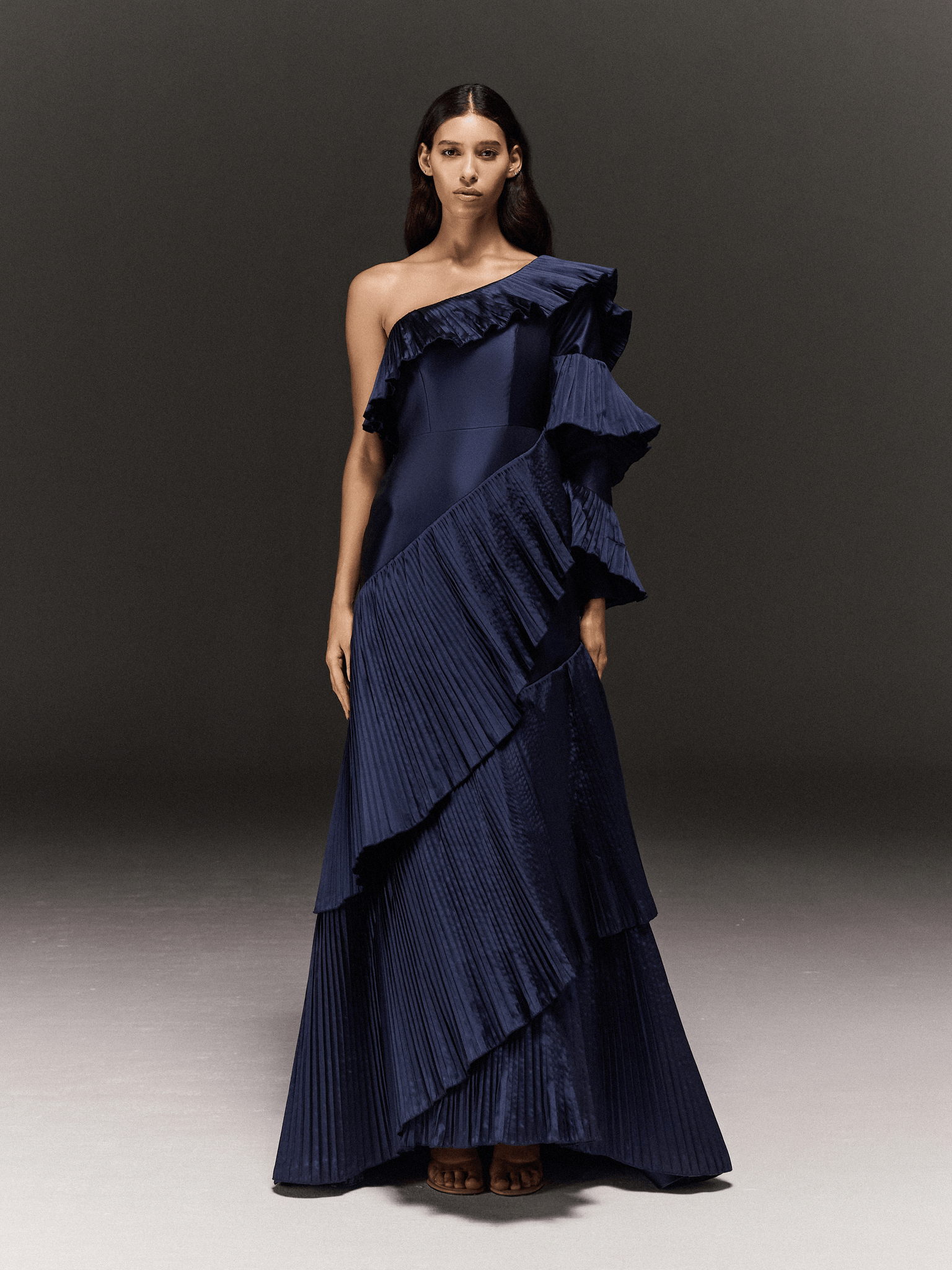 BLUE SATIN ONE SHOULDER DRESS WITH ASYMMETRIC RUFFLES