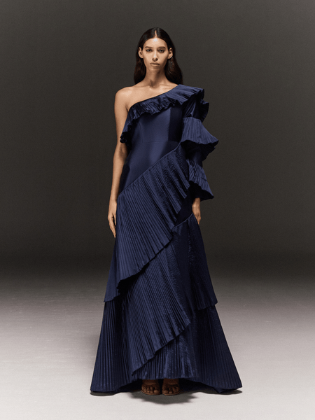 BLUE SATIN ONE SHOULDER DRESS WITH ASYMMETRIC RUFFLES
