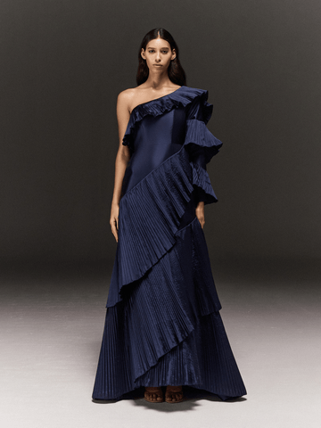 BLUE SATIN ONE SHOULDER DRESS WITH ASYMMETRIC RUFFLES