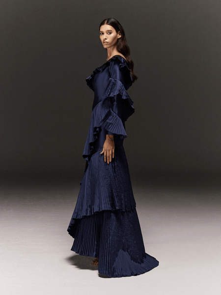 BLUE SATIN ONE SHOULDER DRESS WITH ASYMMETRIC RUFFLES