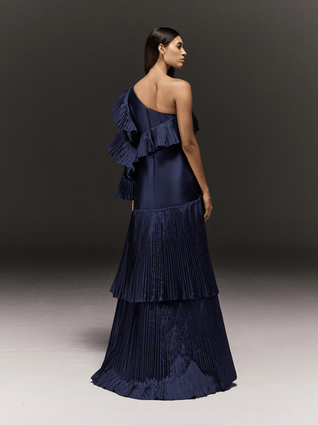 BLUE SATIN ONE SHOULDER DRESS WITH ASYMMETRIC RUFFLES