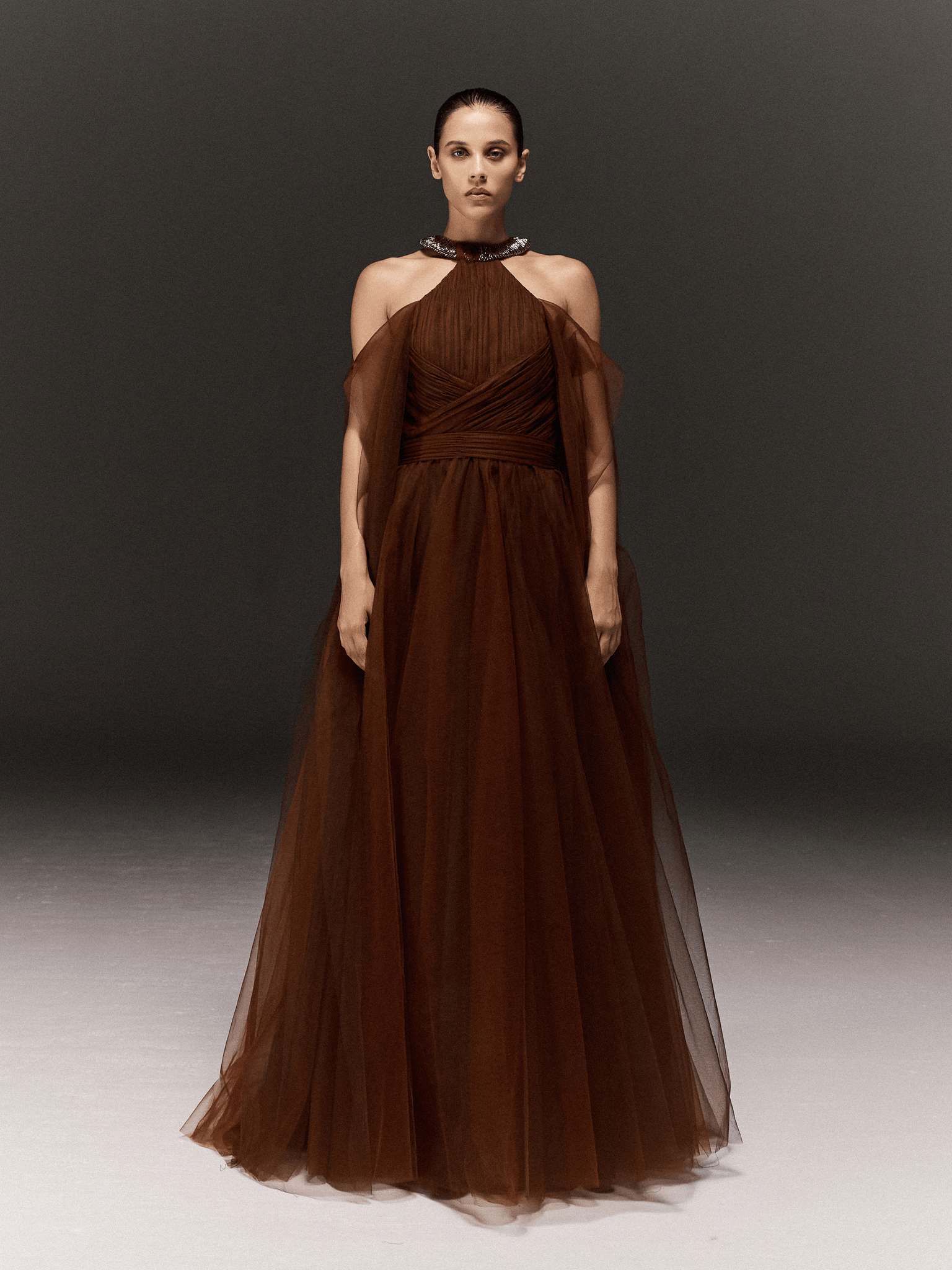 BRONZE TULLE HALTERNECK FLARED DRESS WITH EMBROIDERY