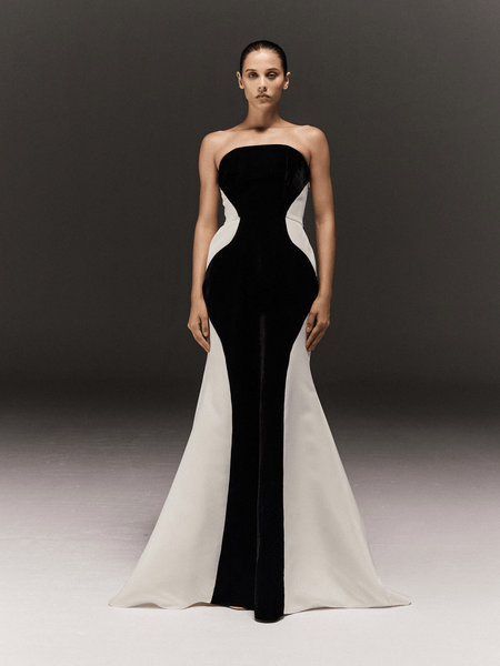 BLACK AND WHITE PANELLED TUBE DRESS WITH TRAIL