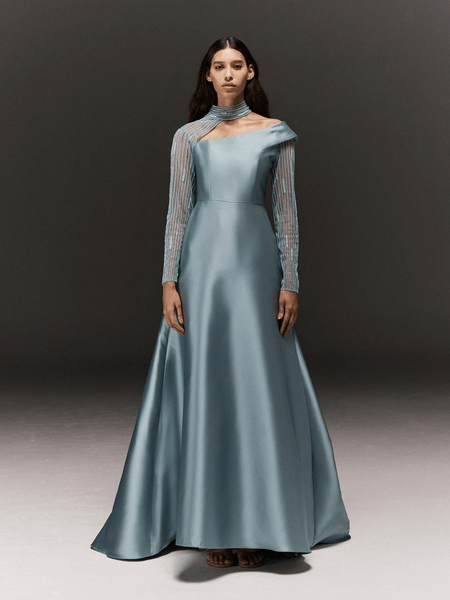 TURQUOISE SATIN ASYMMETRICAL FLARED DRESS WITH SHEER HAND EMBROIDERED SLEEVES AND NECK