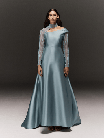 TURQUOISE SATIN ASYMMETRICAL FLARED DRESS WITH SHEER HAND EMBROIDERED SLEEVES AND NECK