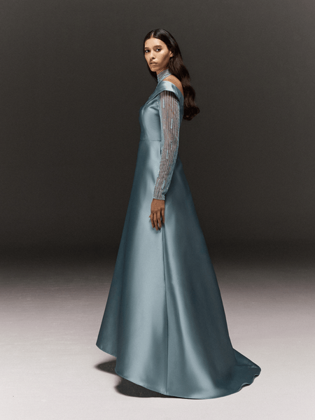 TURQUOISE SATIN ASYMMETRICAL FLARED DRESS WITH SHEER HAND EMBROIDERED SLEEVES AND NECK