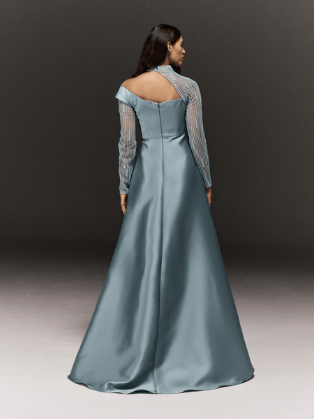 TURQUOISE SATIN ASYMMETRICAL FLARED DRESS WITH SHEER HAND EMBROIDERED SLEEVES AND NECK