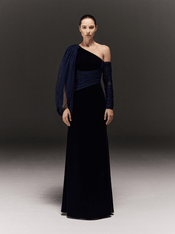 BLUE VELVET AND TULLE ASYMMETRIC STRAIGHT FIT DRESS