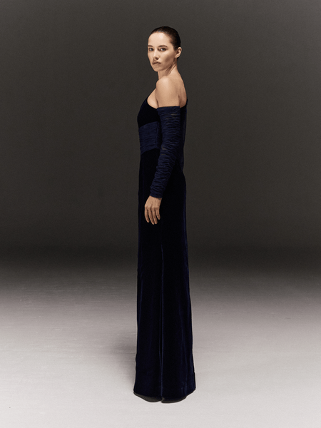 BLUE VELVET AND TULLE ASYMMETRIC STRAIGHT FIT DRESS