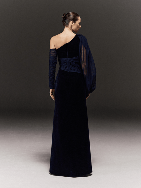 BLUE VELVET AND TULLE ASYMMETRIC STRAIGHT FIT DRESS
