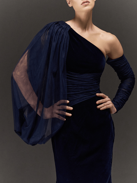 BLUE VELVET AND TULLE ASYMMETRIC STRAIGHT FIT DRESS