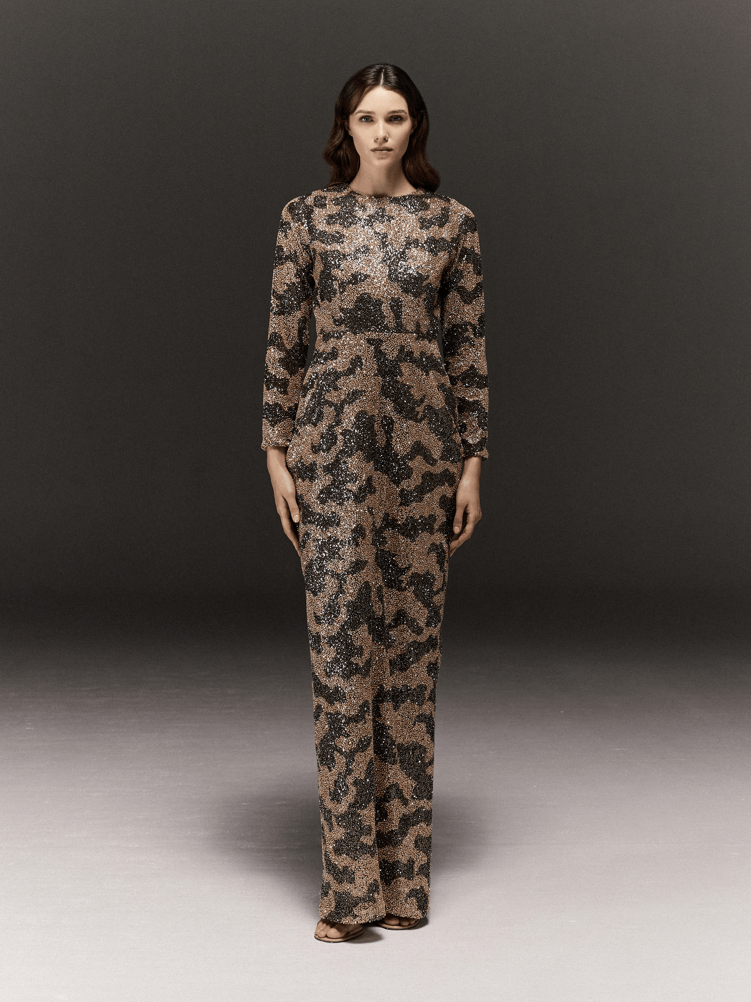 GOLD AND GREY HAND EMBROIDERED PENCIL FIT FULL SLEEVED DRESS