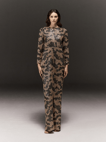 GOLD AND GREY HAND EMBROIDERED PENCIL FIT FULL SLEEVED DRESS