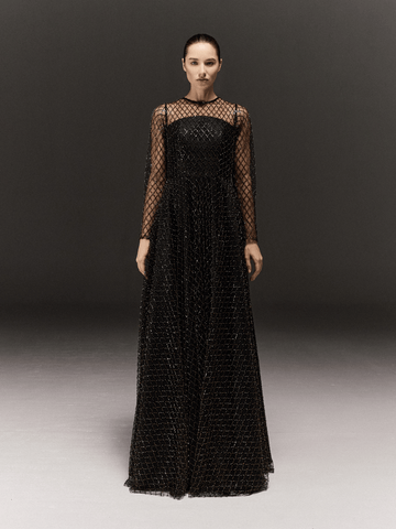 BLACK AND GOLD HAND EMBROIDERED TULLE FLARED FULL SLEEVE DRESS