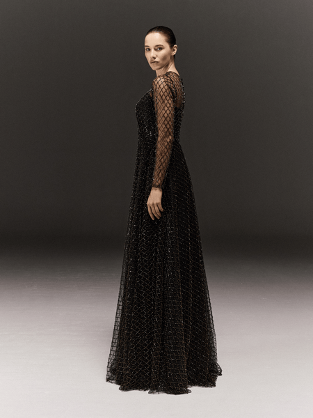 BLACK AND GOLD HAND EMBROIDERED TULLE FLARED FULL SLEEVE DRESS