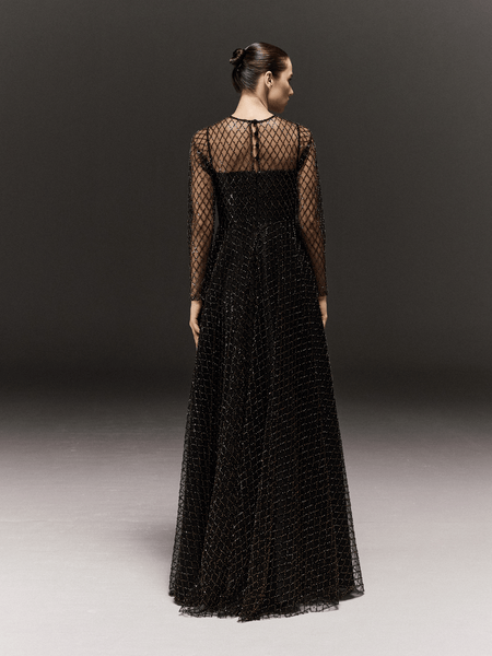 BLACK AND GOLD HAND EMBROIDERED TULLE FLARED FULL SLEEVE DRESS