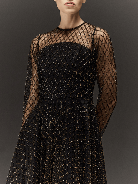BLACK AND GOLD HAND EMBROIDERED TULLE FLARED FULL SLEEVE DRESS