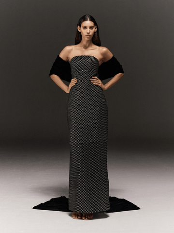 VELVET EMBROIDERED TUBE PENCIL FIT DRESS WITH PLAIN VELVET CAPE