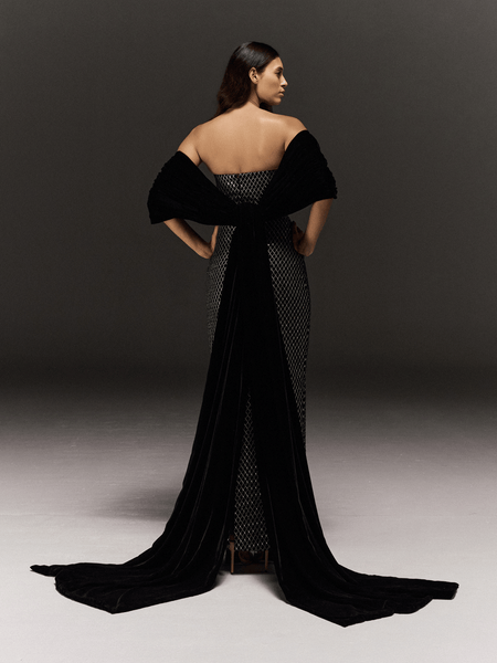 VELVET EMBROIDERED TUBE PENCIL FIT DRESS WITH PLAIN VELVET CAPE