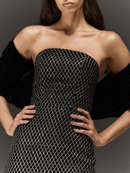 VELVET EMBROIDERED TUBE PENCIL FIT DRESS WITH PLAIN VELVET CAPE