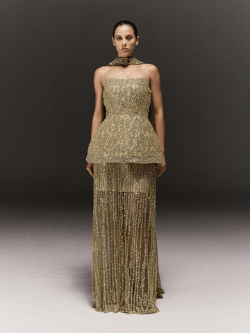 LIGHT GREEN HAND EMBROIDERED PEPLUM TUBE DRESS WITH NECK SASH