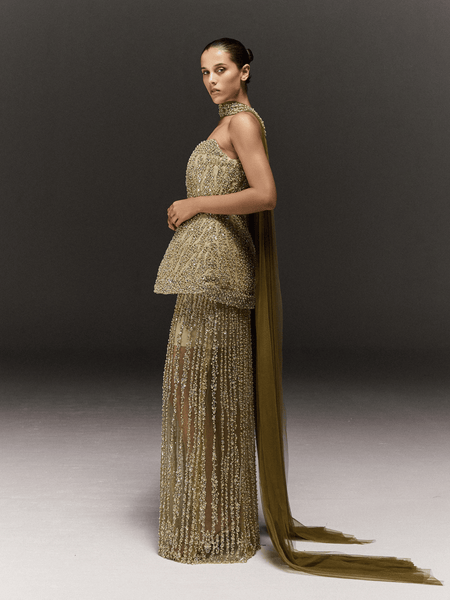 LIGHT GREEN HAND EMBROIDERED PEPLUM TUBE DRESS WITH NECK SASH