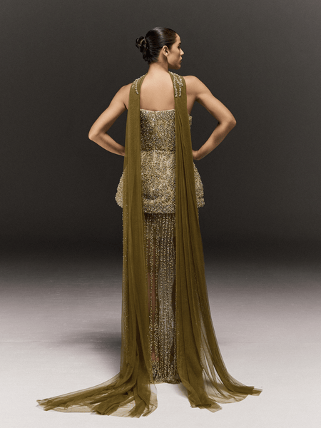 LIGHT GREEN HAND EMBROIDERED PEPLUM TUBE DRESS WITH NECK SASH