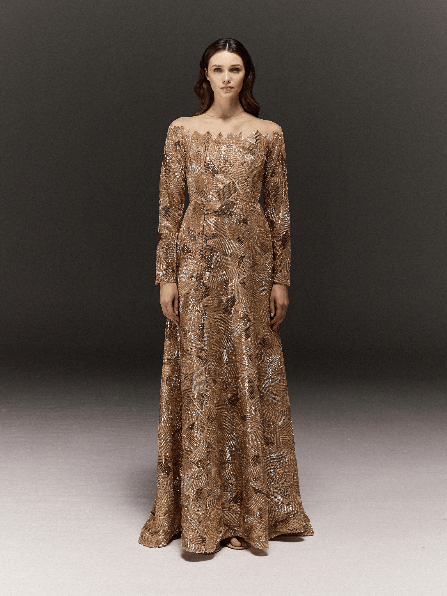 GOLDEN FULLY HAND EMBROIDERED AND PANELLED FULL SLEEVE DRESS WITH SLIG THA SEEN GOLDEN FULLY HAND EMBROIDERED AND PANELLED FULL SLEEVE DRESS WITH SLIG THA SEEN