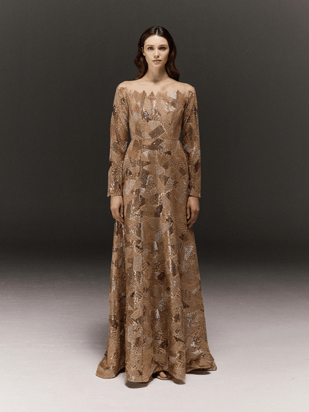 GOLDEN FULLY HAND EMBROIDERED AND PANELLED FULL SLEEVE DRESS WITH SLIGHT TRAIL