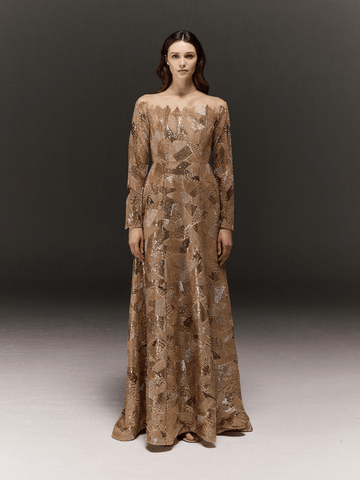 GOLDEN FULLY HAND EMBROIDERED AND PANELLED FULL SLEEVE DRESS WITH SLIGHT TRAIL