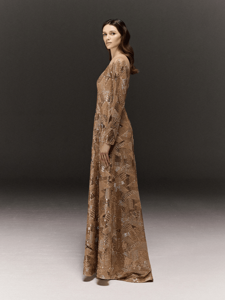 GOLDEN FULLY HAND EMBROIDERED AND PANELLED FULL SLEEVE DRESS WITH SLIGHT TRAIL