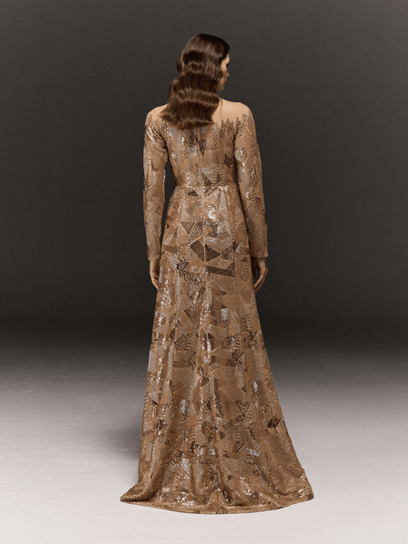 GOLDEN FULLY HAND EMBROIDERED AND PANELLED FULL SLEEVE DRESS WITH SLIGHT TRAIL